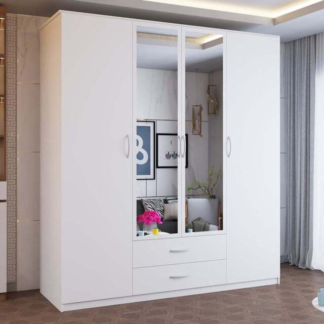 Sliding Wardrobes 4U London 4 Door 2 Drawer White Hinged Central Mirrored Wardrobe 171cm - Size: 4 Door, 2 Drawer - Wilko - image 1