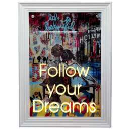 Splashbax Follow Your Dreams White Premium Gallery Frame LED Neon Wall Art - Size: 105 x 75 x 7cm - Multi - Wilko