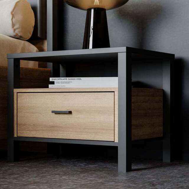 Florence High Rock Single Drawer Matt Black and Riviera Oak Bedside Table - Furniture to Go - Wilko - image 1