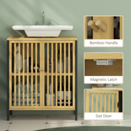 HOMCOM 2 Door Bamboo Slated Under Sink Bathroom Cabinet - Size: 70.0 cm x 30.0 cm x 60.0 cmcm - Brown - Wilko - thumbnail 6