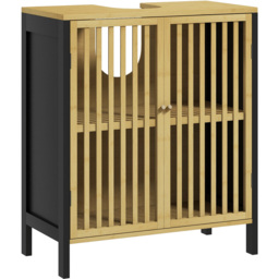 HOMCOM 2 Door Bamboo Slated Under Sink Bathroom Cabinet - Size: 70.0 cm x 30.0 cm x 60.0 cmcm - Brown - Wilko - thumbnail 3