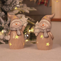St Helens Cream Ceramic Light Up Snowmen Decoration 2 Pieces - Size: 7 x 9 x 16cm - Multi - Wilko - thumbnail 4