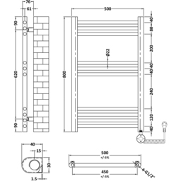nuie Hudson Reed Anthracite Electric Round Tube Towel Rail 800 x 500mm - Size: 8 x 5 x 0.3cm - Black - Wilko - thumbnail 3