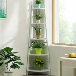 Living and Home 5 Tier Wooden Corner Ladder Shelf - Size: 5 Shelf - White - Wilko