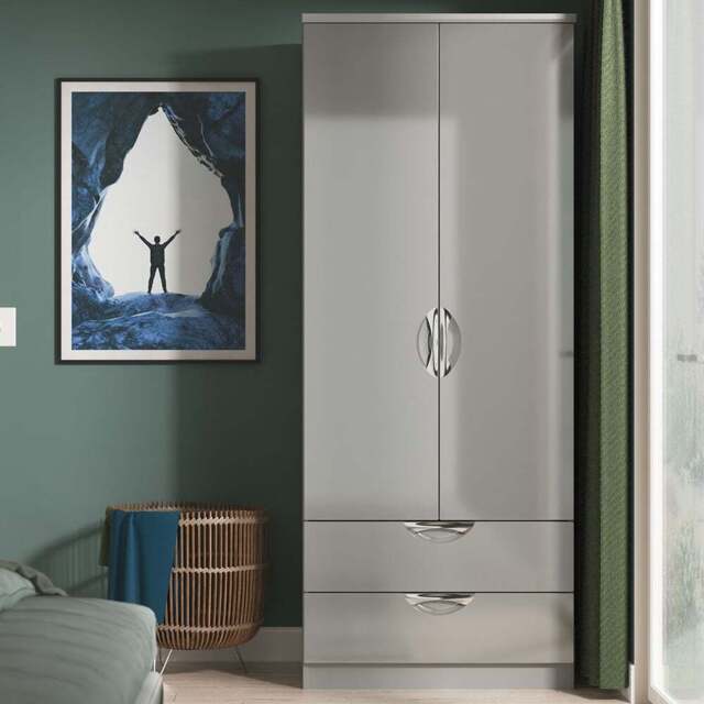 Crowndale Camden 2 Door 2 Drawer Grey Gloss and Dusk Grey Wardrobe Ready Assembled - Grey Gloss & Dusk Grey - Wilko - image 1