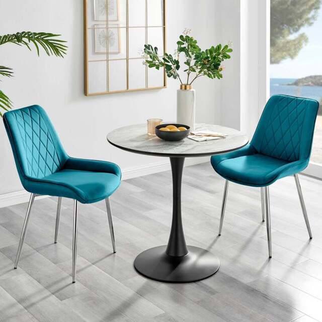 Furniturebox Elissa Cesano Marble Effect 2 Seater Round Dining Set White Blue and Chrome - Wilko - image 1