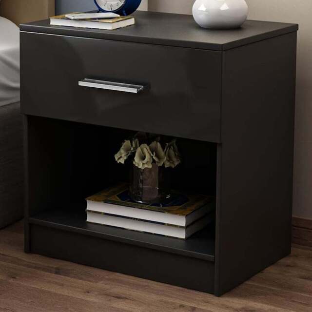 Brooklyn Single Drawer Black High Gloss Bedside Table - Wilko - image 1
