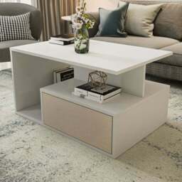 Decorotika Mana White and Beige Coffee Table with Shelf and Cabinet - Size: 48.6 x 90 x 60cm - Multi - Wilko - thumbnail 1