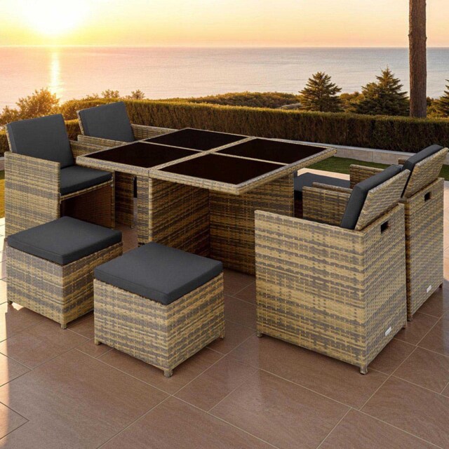 tectake Manhattan 8 Seater Rattan Garden Dining Set Natural - Brown - Wilko - image 1