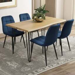 Kosy Koala 4 Seater Velvet Wooden Dining Set Blue - Brown - Wilko