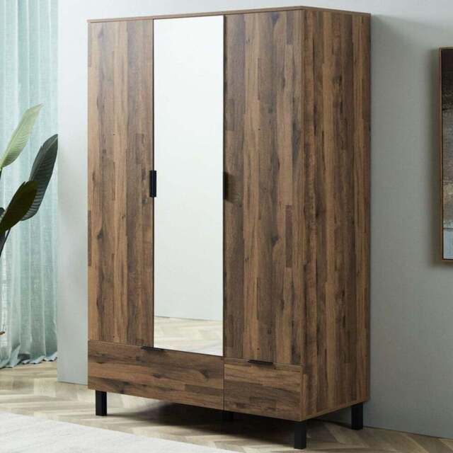 Hampshire 3 Door 2 Drawer Oak Mirror Wardrobe - Size: 3 Door, 2 Drawer - Brown - Wilko - image 1