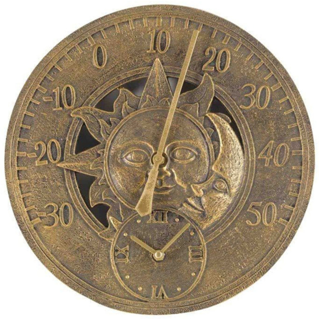 Marco Paul 12 Inch Sun And Moon Thermometer And Clock - Size: 33.5 x 32 x 6.5cm - Brown - Wilko - image 1