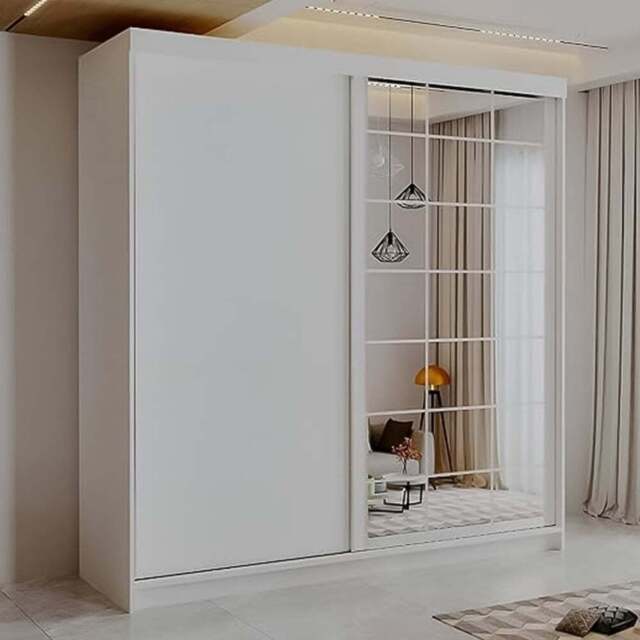Sliding Wardrobes 4U 2 Sliding Door White Modern Grid Mirrored Wardrobe 200cm - Size: 2 Door - Wilko - image 1