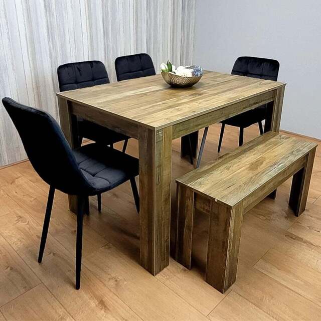 Kosy Koala 6 Seater MDF and Velvet Rectangle Dining Table Set with Bench Black - Brown - Wilko - image 1