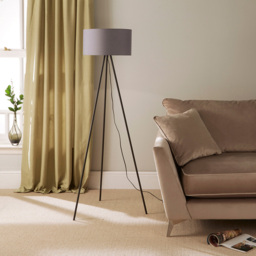 Kliving Grey Cotton Shade Black Metal Tripod Floor Lamp - Size: 150 x 50 x 50cm - Wilko - thumbnail 3