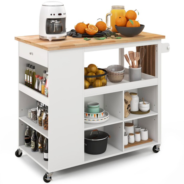 Costway Single Drawer 5 Shelf 4 Cube Brown Rubberwood Top Mobile Serving Trolley Cart - Size: 116.5 x 60 x 98.5cm - White - Wilko - image 1