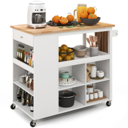 Costway Single Drawer 5 Shelf 4 Cube Brown Rubberwood Top Mobile Serving Trolley Cart - Size: 116.5 x 60 x 98.5cm - White - Wilko