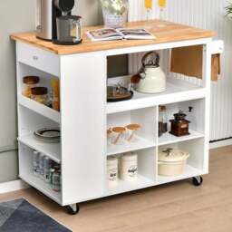 Costway Single Drawer 5 Shelf 4 Cube Brown Rubberwood Top Mobile Serving Trolley Cart - Size: 116.5 x 60 x 98.5cm - White - Wilko - thumbnail 3