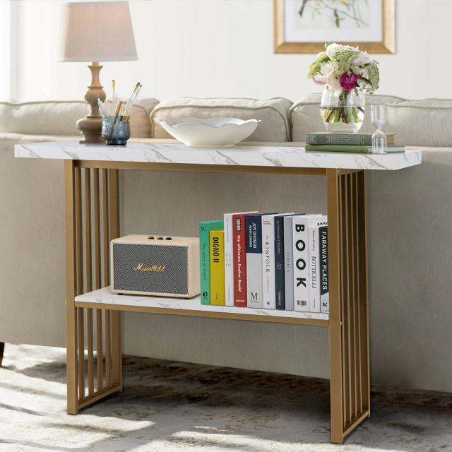 Costway Single Shelf Golden Faux Marble Console Table - Size: 132.1 x 38.1 x 15.24cm - Multi - Wilko - image 1