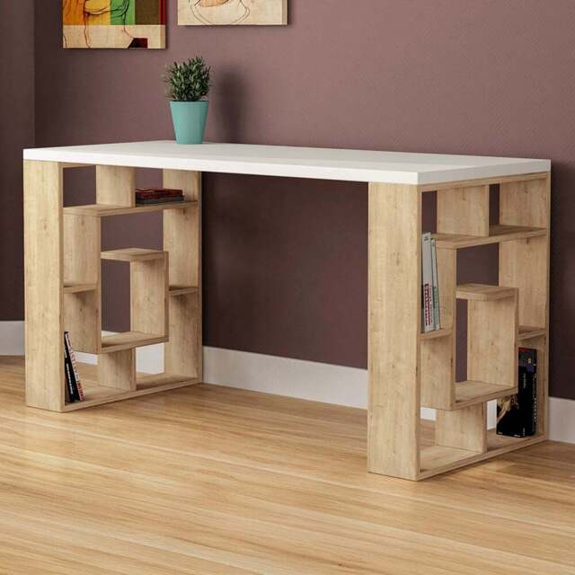 Decortie Labirent Bookshelf Leg Modern Computer Desk White and Oak - Size: 75 x 137 x 60cm - Multi - Wilko - image 1