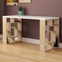 Decortie Labirent Bookshelf Leg Modern Computer Desk White and Oak - Size: 75 x 137 x 60cm - Multi - Wilko