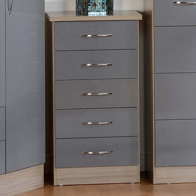 Seconique Nevada 5 Drawer Grey Gloss and Light Oak Veneer Narrow Chest of Drawers - Wilko - image 1