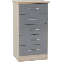 Seconique Nevada 5 Drawer Grey Gloss and Light Oak Veneer Narrow Chest of Drawers - Wilko - thumbnail 3