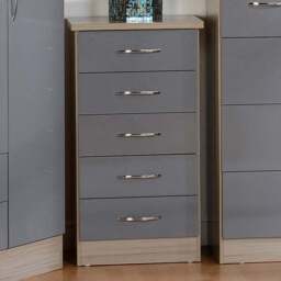 Seconique Nevada 5 Drawer Grey Gloss and Light Oak Veneer Narrow Chest of Drawers - Wilko - thumbnail 1