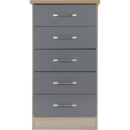 Seconique Nevada 5 Drawer Grey Gloss and Light Oak Veneer Narrow Chest of Drawers - Wilko - thumbnail 4