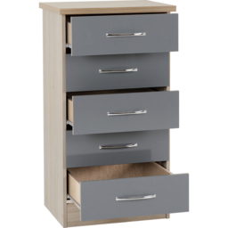 Seconique Nevada 5 Drawer Grey Gloss and Light Oak Veneer Narrow Chest of Drawers - Wilko - thumbnail 5