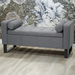 Living and Home 2 Seater Grey Linen Upholstered Storage Bench with Cushion - Size: 60 x 128 x 51cm - Wilko