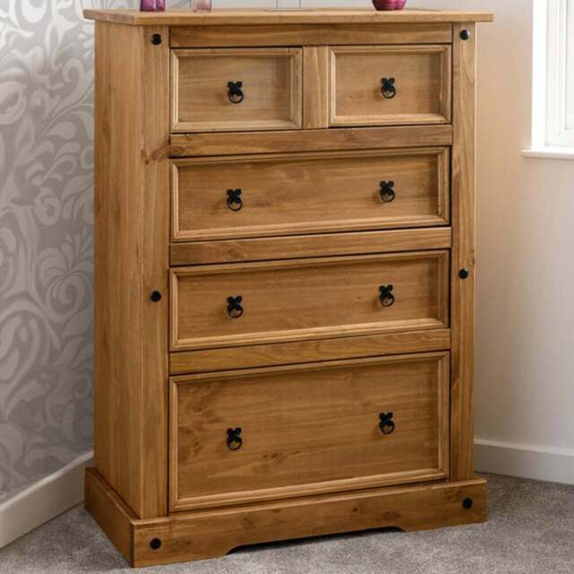 Seconique Corona 5 Drawer Distressed Waxed Pine Chest of Drawers - Brown - Wilko - image 1