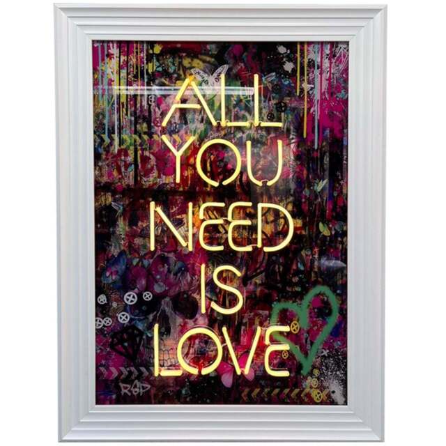 Splashbax All You Need is Love White Premium Gallery Frame LED Neon Wall Art - Size: 105 x 75 x 7cm - Multi - Wilko - image 1
