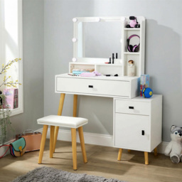 Home Source Forta Single Door 2 Drawer White Vanity Table and Stool Set with Light-Up Mirror - Size: 138 x 106 x 40cm - Wilko - thumbnail 7