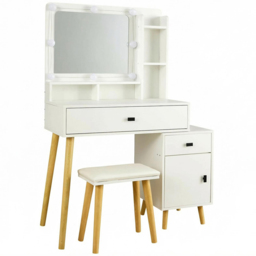 Home Source Forta Single Door 2 Drawer White Vanity Table and Stool Set with Light-Up Mirror - Size: 138 x 106 x 40cm - Wilko - thumbnail 3