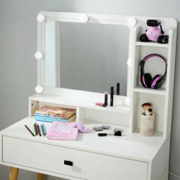 Home Source Forta Single Door 2 Drawer White Vanity Table and Stool Set with Light-Up Mirror - Size: 138 x 106 x 40cm - Wilko - thumbnail 4