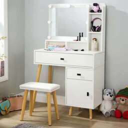 Home Source Forta Single Door 2 Drawer White Vanity Table and Stool Set with Light-Up Mirror - Size: 138 x 106 x 40cm - Wilko - thumbnail 1