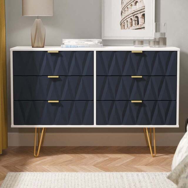 Crowndale Diamond 6 Drawer Indigo Matt and White Wide Chest of Drawers Ready Assembled - Indigo Matt & White - Wilko - image 1