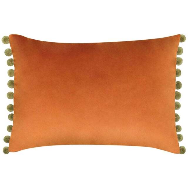 Paoletti Fiesta Rust Khaki Pom Pom Velvet Cushion - Size: 50 x 35 cm - Multi - Wilko - image 1