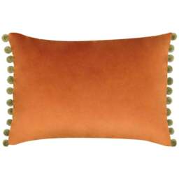 Paoletti Fiesta Rust Khaki Pom Pom Velvet Cushion - Size: 50 x 35 cm - Multi - Wilko - thumbnail 1