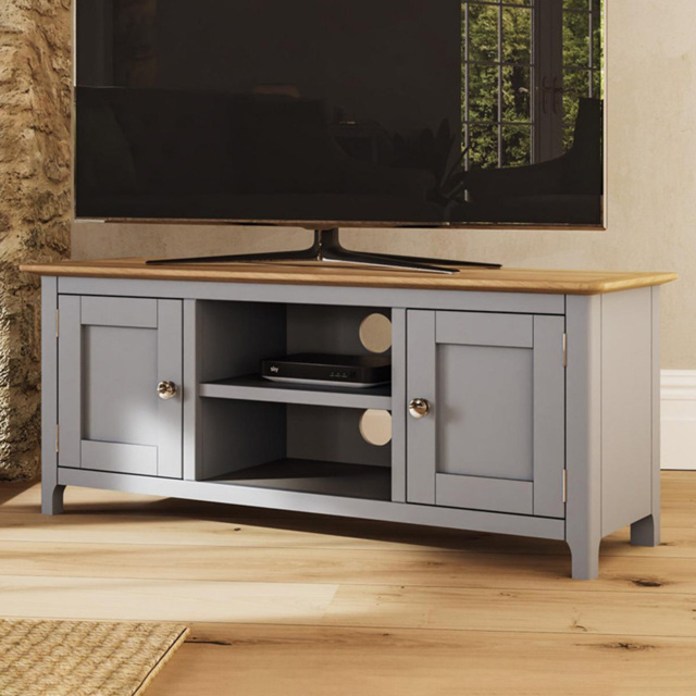 FWStyle Taberno 2 Door 2 Shelf Dove Grey and Oak Wide TV Unit - Size: 44 x 110 x 35cm - Wilko - image 1