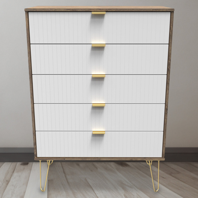 Crowndale 5 Drawer White Matt and Vintage Oak Wide Chest of Drawers Ready Assembled - Wilko - image 1