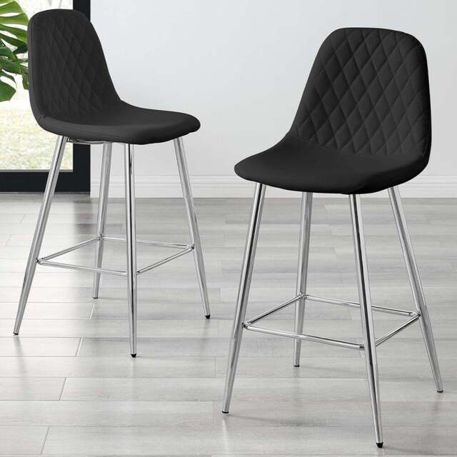 Furniturebox Solara Black Faux Leather Silver Legs Counter Stools Set of 2 - Wilko - image 1