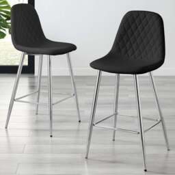 Furniturebox Solara Black Faux Leather Silver Legs Counter Stools Set of 2 - Wilko - thumbnail 1