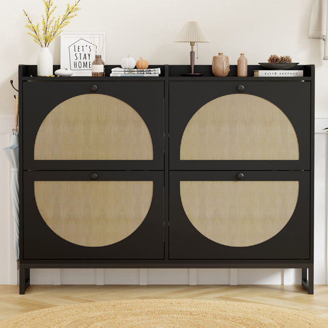 FurnitureHMD 4 Door Black Rattan Shoe Storage Cabinet - Size: 93.5 x 120 x 23.5cm - Wilko - image 1