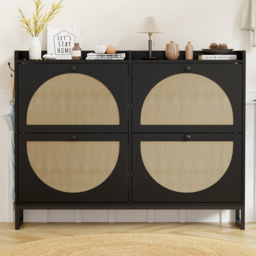 FurnitureHMD 4 Door Black Rattan Shoe Storage Cabinet - Size: 93.5 x 120 x 23.5cm - Wilko