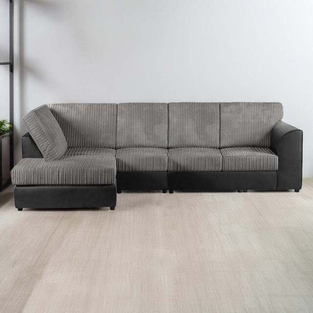 Luxor 4 Seater Black and Grey Jumbo Cord Left Hand Facing Full Back L Shaped Corner Sofa Set - Multi - Wilko - image 1