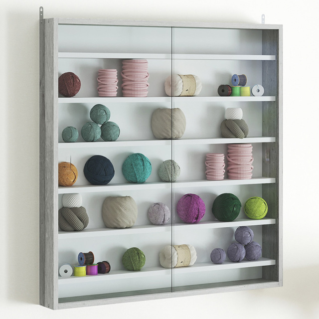 HOMCOM 7-Tier Glass Doors Graphite Wood Effect Wall Display Cabinet - Size: 83.0 cm x 9.5 cm x 80.0 cmcm - Grey - Wilko - image 1