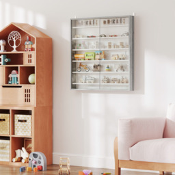 HOMCOM 7-Tier Glass Doors Graphite Wood Effect Wall Display Cabinet - Size: 83.0 cm x 9.5 cm x 80.0 cmcm - Grey - Wilko - thumbnail 4