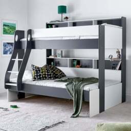 Bedmaster Oliver Triple Sleeper Grey and White Bunk Bed with Memory Foam Mattresses - Size: Single + Small Double - Wilko